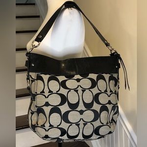 COACH Zoe Signature Jacquard Black Leather Trim Zipper Close Hobo Shoulder Bag